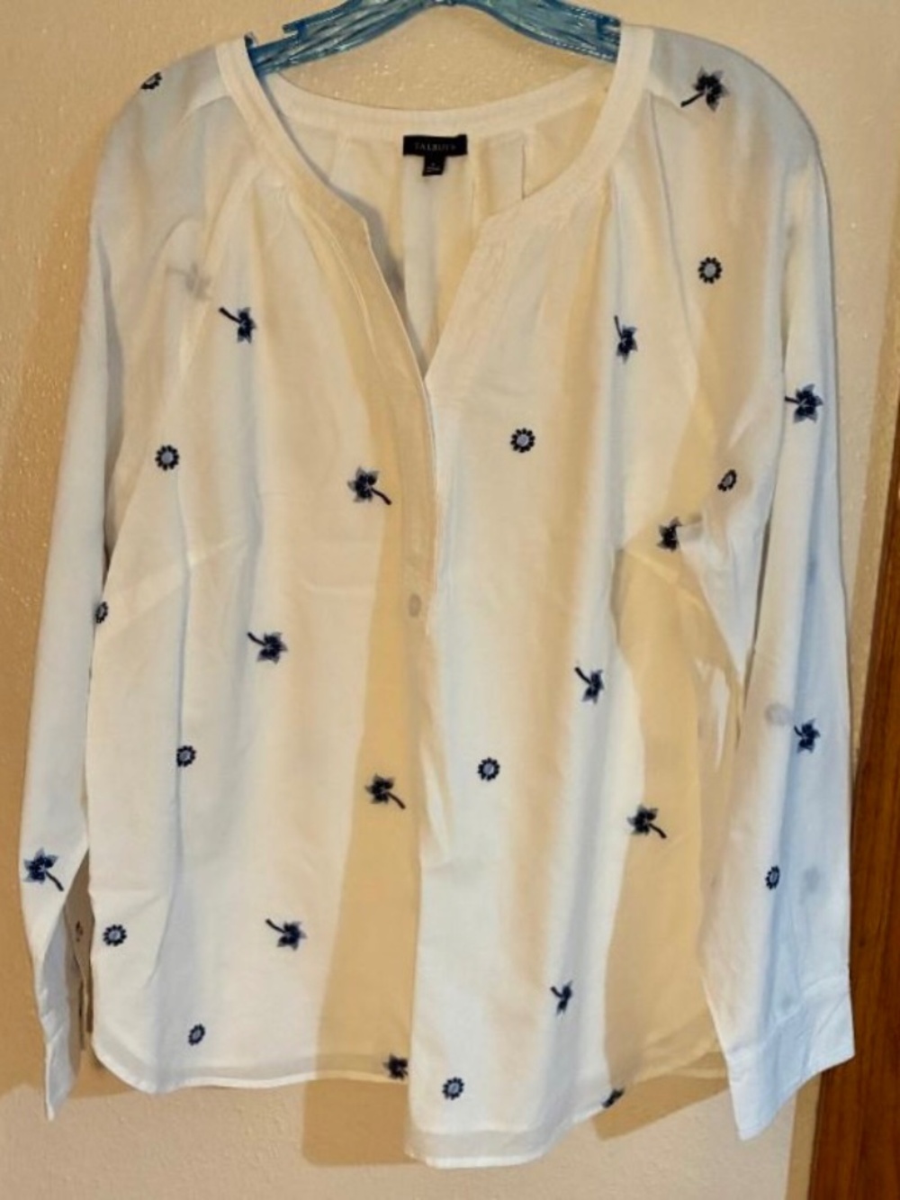 Lovely Talbots cotton pullover blouse, white,  blue embroidered designs size L